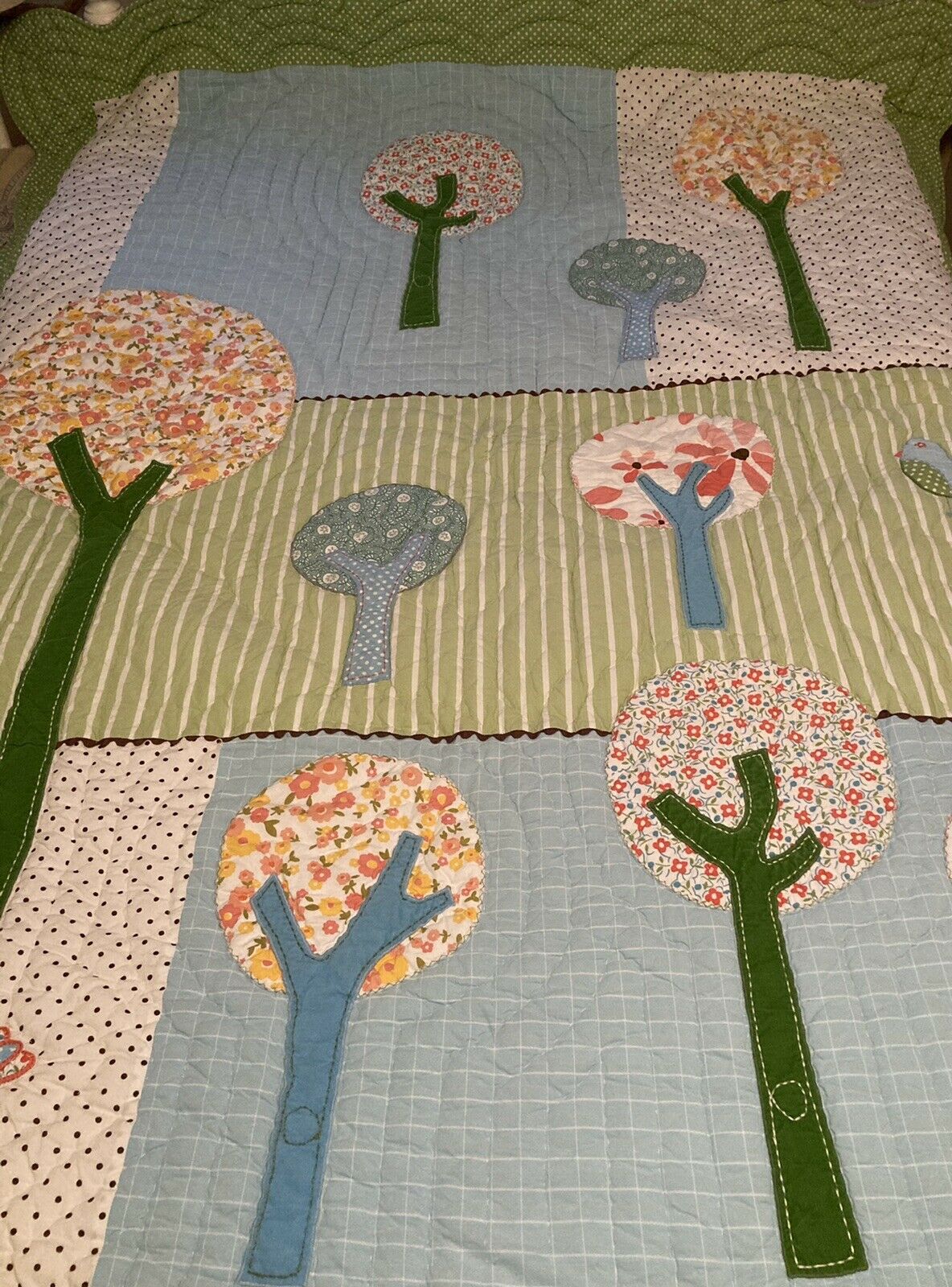 Pottery Barn Kids Brooke Trees Birds Polka Dots Twin Size Bedspread Quilt + Sham