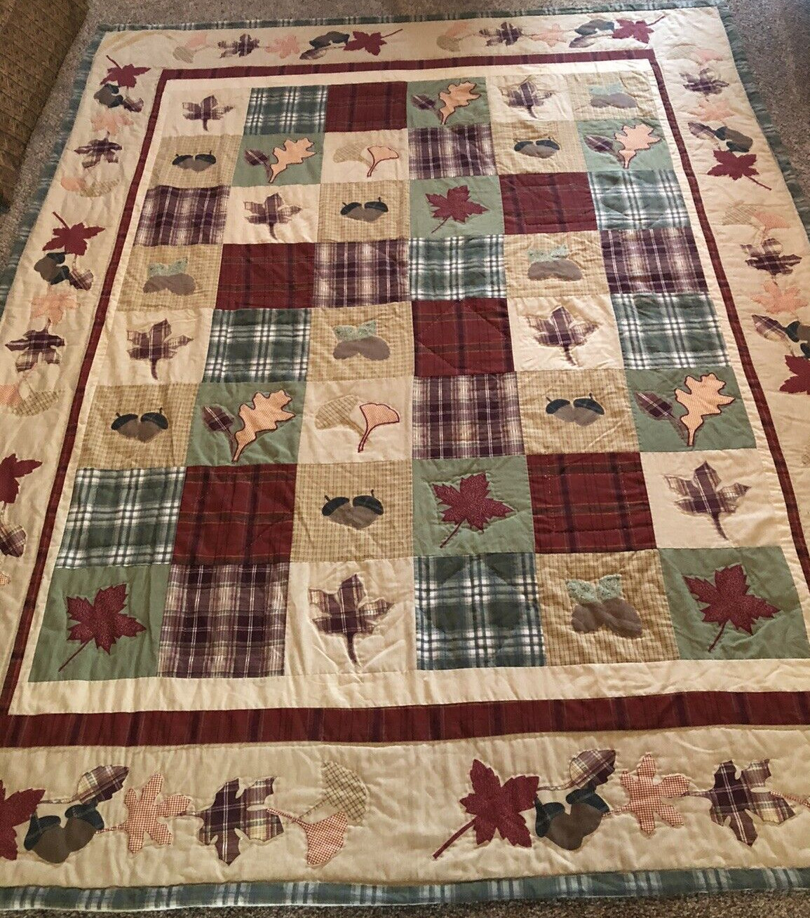 Patchwork Quilt All Hand Quilted In Multi Earth Tone Colors 86" L. X 66" W.