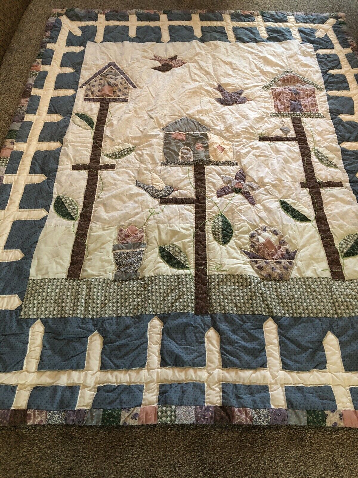 Patchwork Bird Quilt In Multi Colors All Hand Quilted. 80” L X 66” W.
