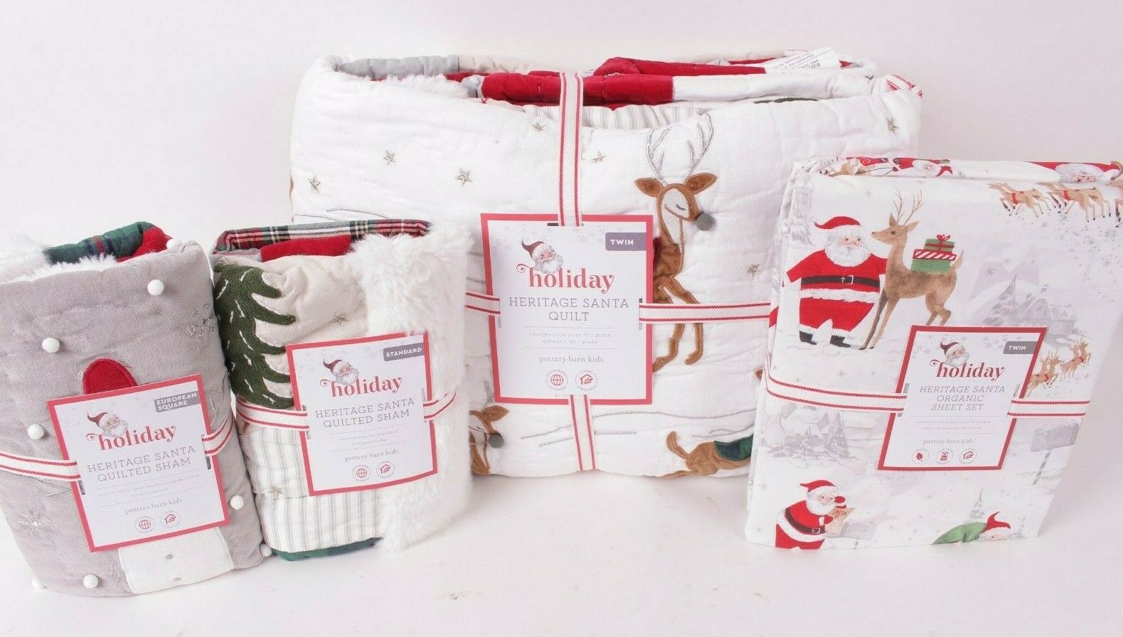 Pottery Barn Kids Heritage Santa Twin Quilt, Sheet Set, St Sham & Euro (white)
