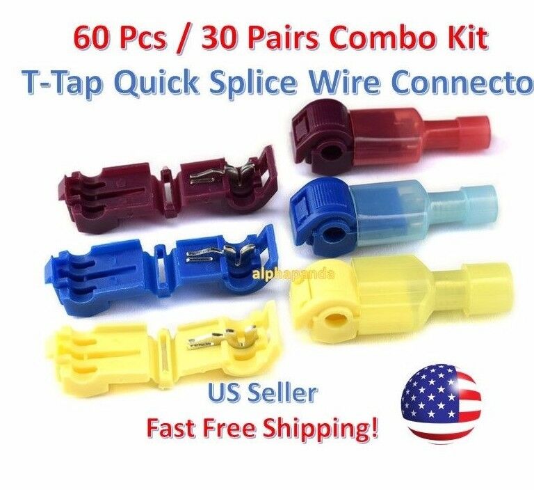 60pc T-taps Splice Wire Connector Insulated Spade Kit Electrical Crimp Terminals