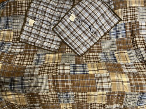 Pottery Barn Kids Plaid Blue Brown Full Queen Quilt +2 Sham Bedroom Bed Reverse